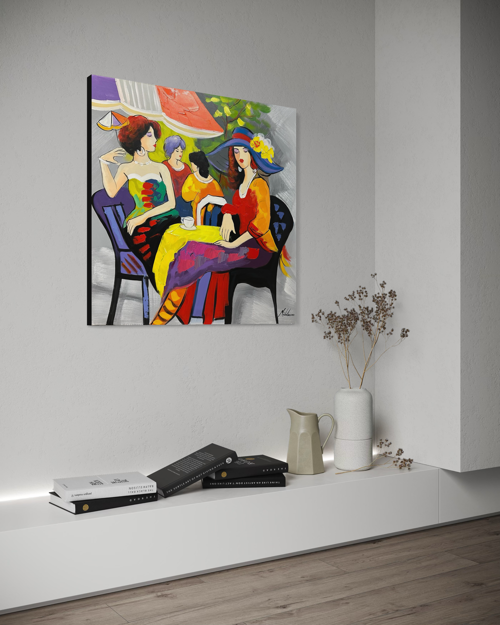 En tavla med diskuterande kvinnor