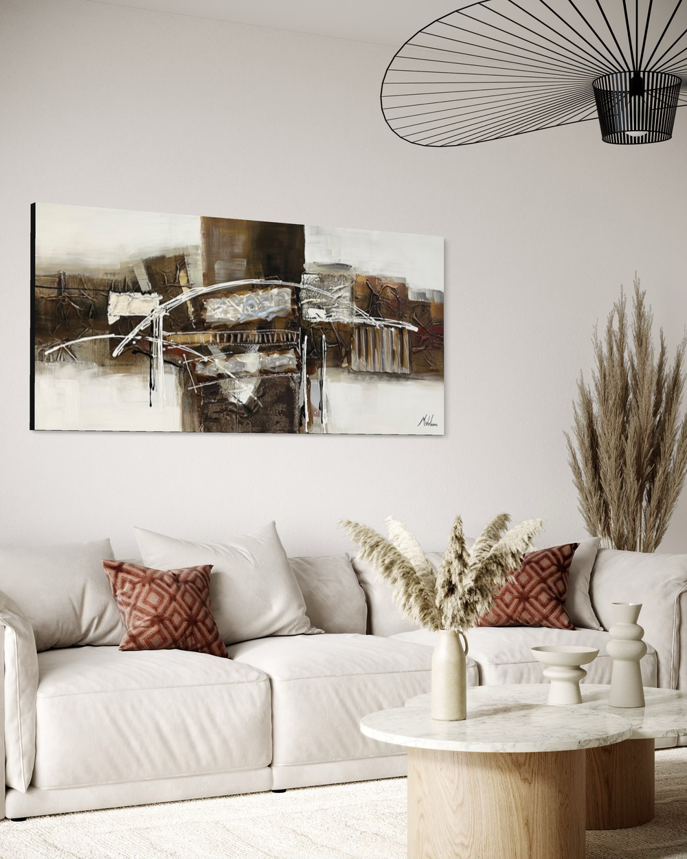 En abstrakt tavla i jordnära färger.