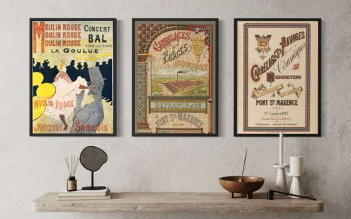 Belle Époque – Canvas Collection: trzy historyczne plakaty w czarnych ramach typu floating z narodzin sztuki plakatu