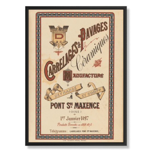 Defrance et Cie – Carrelages & Pavages Céramiques, 50×70 cm, płótno w czarnej ramie typu floating (Belle Époque – przemysłowa sztuka plakatu)
