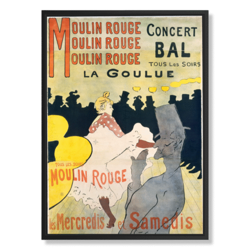 Henri de Toulouse-Lautrec – Moulin Rouge: La Goulue, 50×70 cm, płótno w czarnej ramie typu floating (Belle Époque – ikoniczna sztuka plakatu)