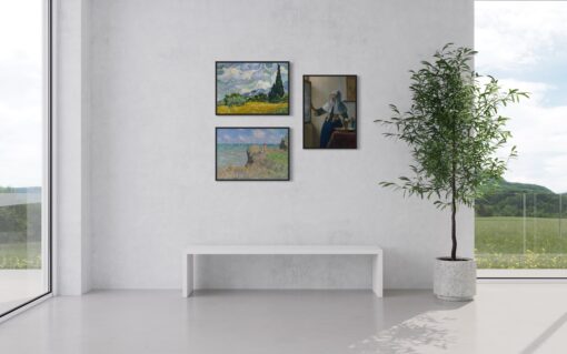 Light & Movement – Canvas Collection: trzy obrazy w czarnych ramach „floating” w strefie przejściowej