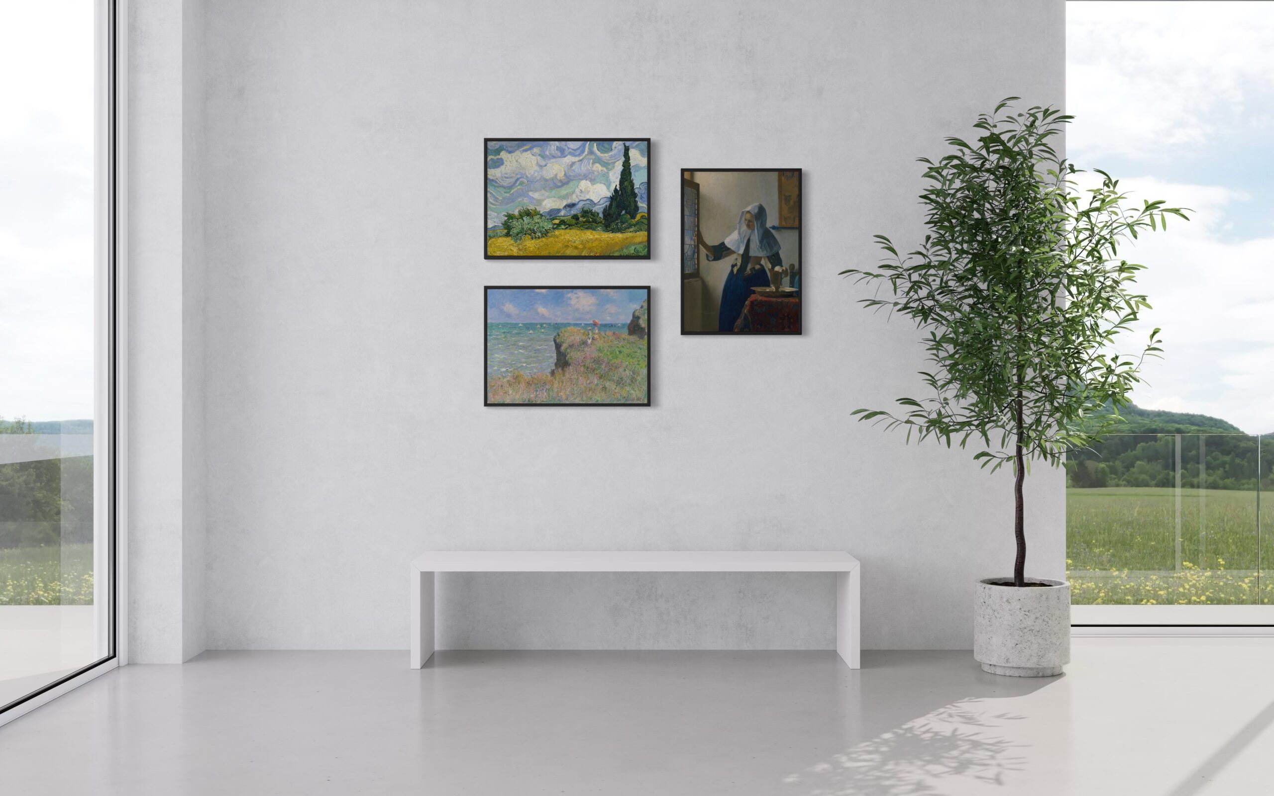 Light & Movement – Canvas Collection: trzy obrazy w czarnych ramach „floating” w strefie przejściowej