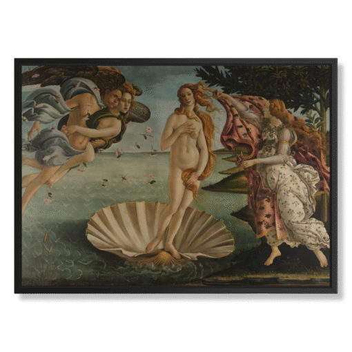 Sandro Botticelli – Nascita di Venere, 100×70 cm, płótno w czarnej ramie typu floating (Ponadczasowe Arcydzieła – mitologiczne piękno)