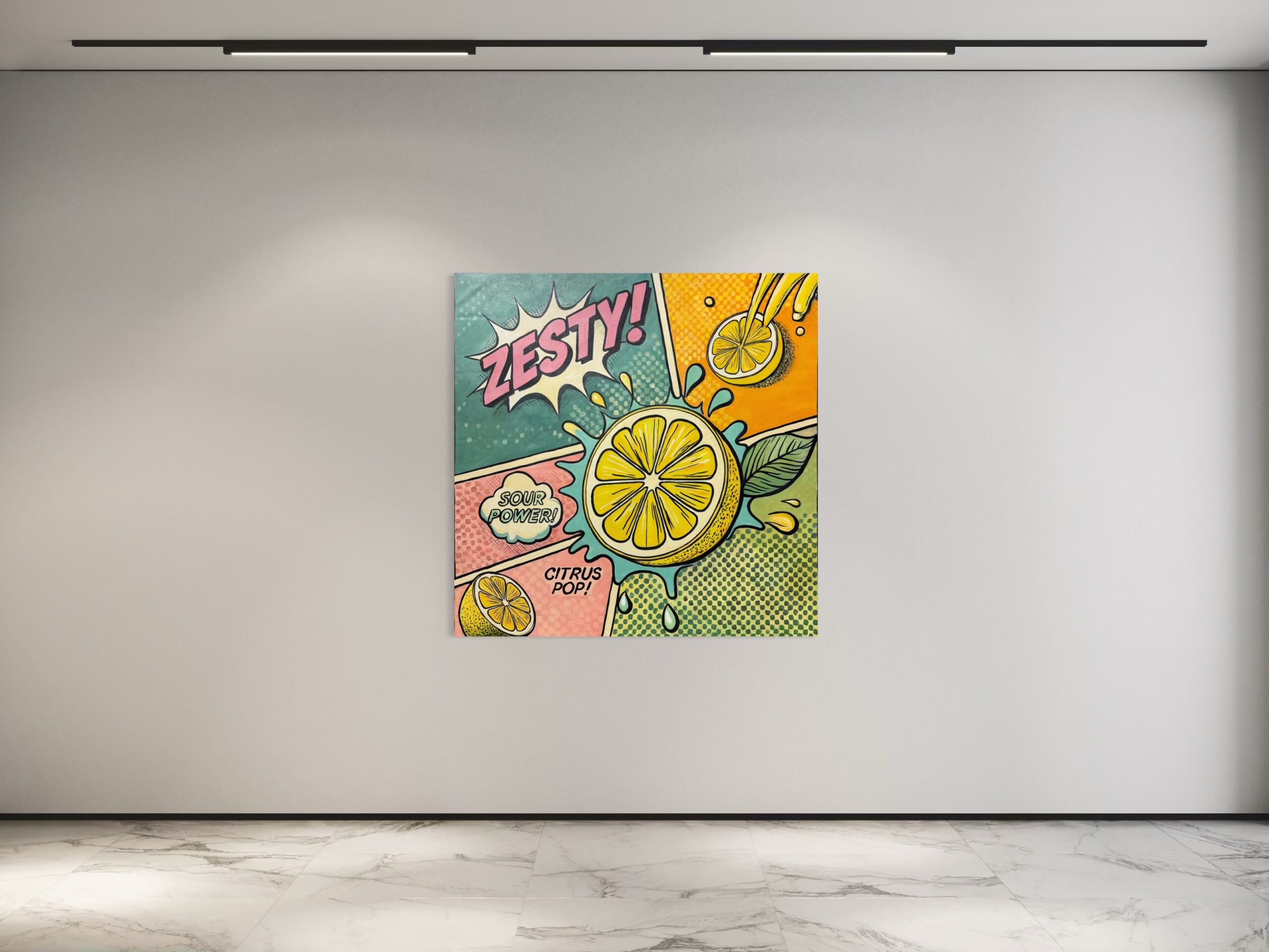 Zesty – pop-art Il Scimmii. Obraz akrylowy w pastelowych kolorach, ukazujący kontrast między kwaśnym a słodkim.