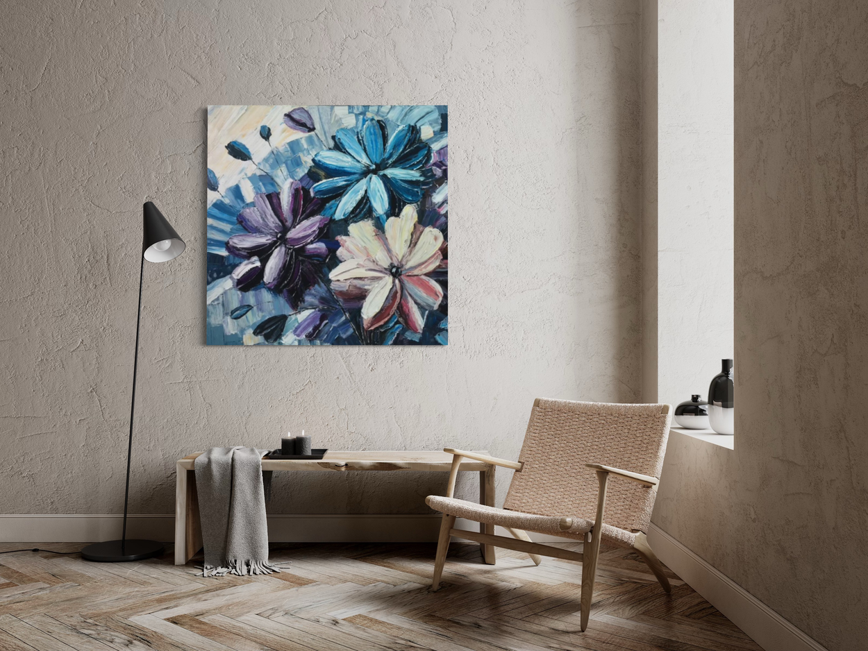 Obraz został wykonany techniką impasto, w której wyraziste pociągnięcia pędzla i grube warstwy farby tworzą żywą głębię oraz wyraźnie wyczuwalną fakturę.