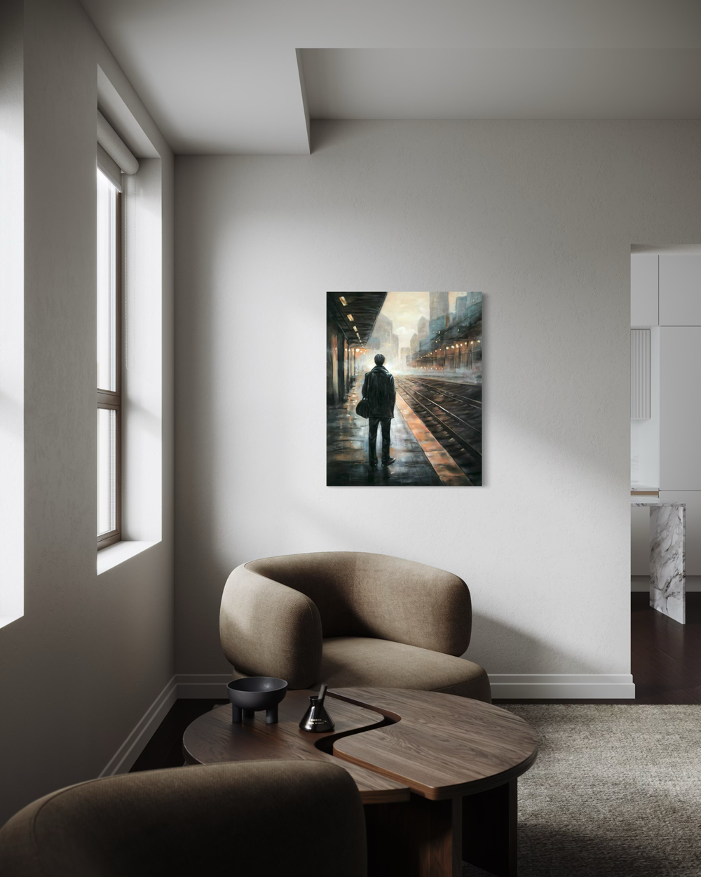 Ręcznie malowany obraz osoby stojącej na deszczowym peronie z miejskimi światłami, odbiciami i mglistym tłem.