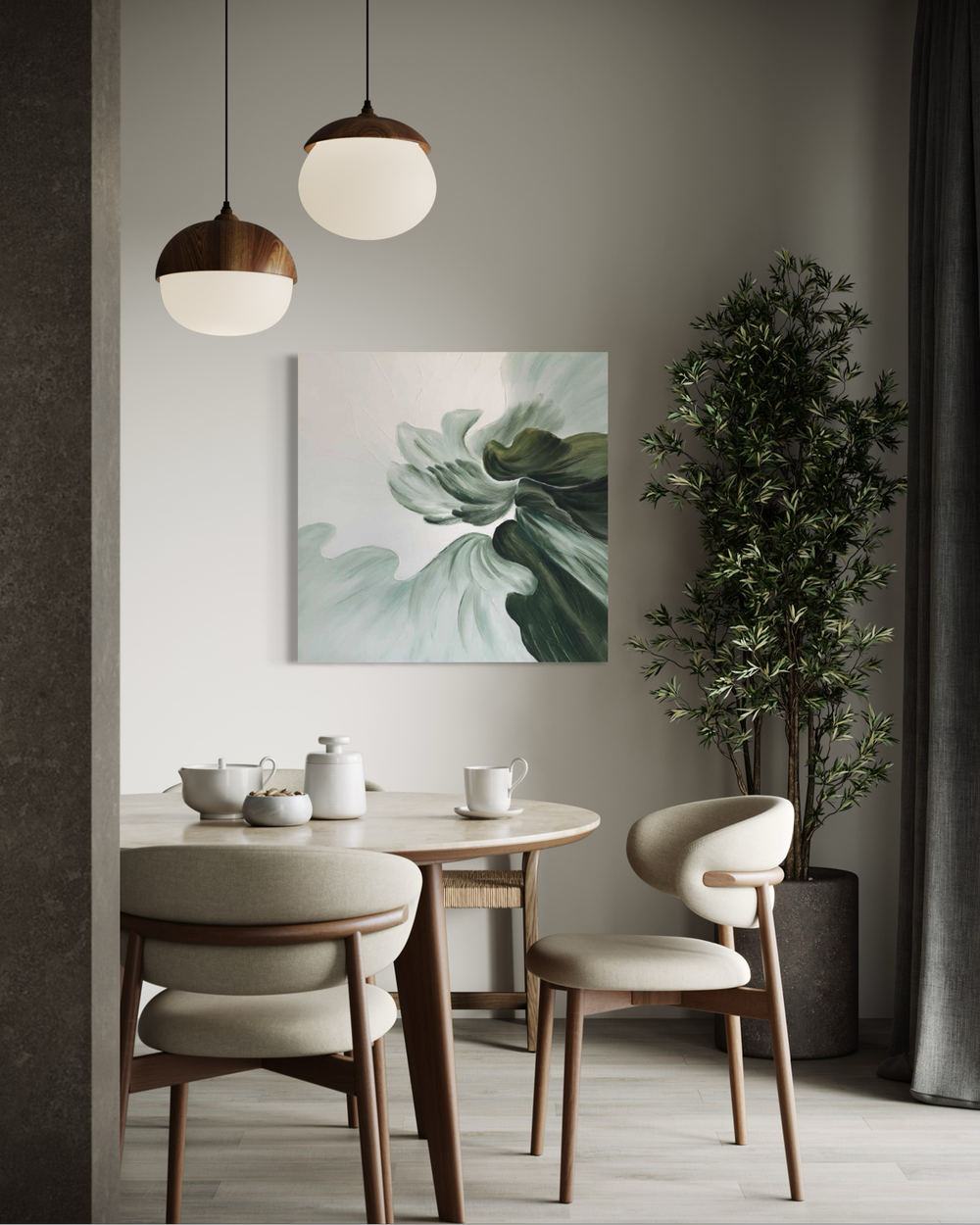 Ręcznie malowany obraz abstrakcyjny w odcieniach zieleni i jasnych tonach z płynnymi, organicznymi pociągnięciami pędzla