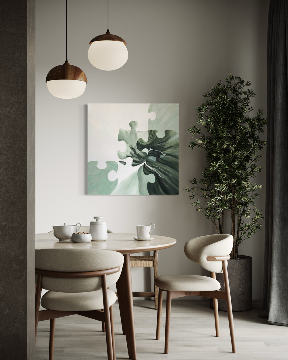 Ręcznie malowany obraz abstrakcyjny w odcieniach zieleni i jasnych tonach z formami przypominającymi puzzle w płynnej kompozycji