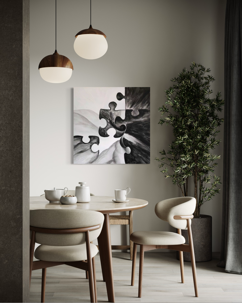 Ręcznie malowany obraz abstrakcyjny z kształtami przypominającymi puzzle w czerni, szarości i bieli, łączącymi się w centrum