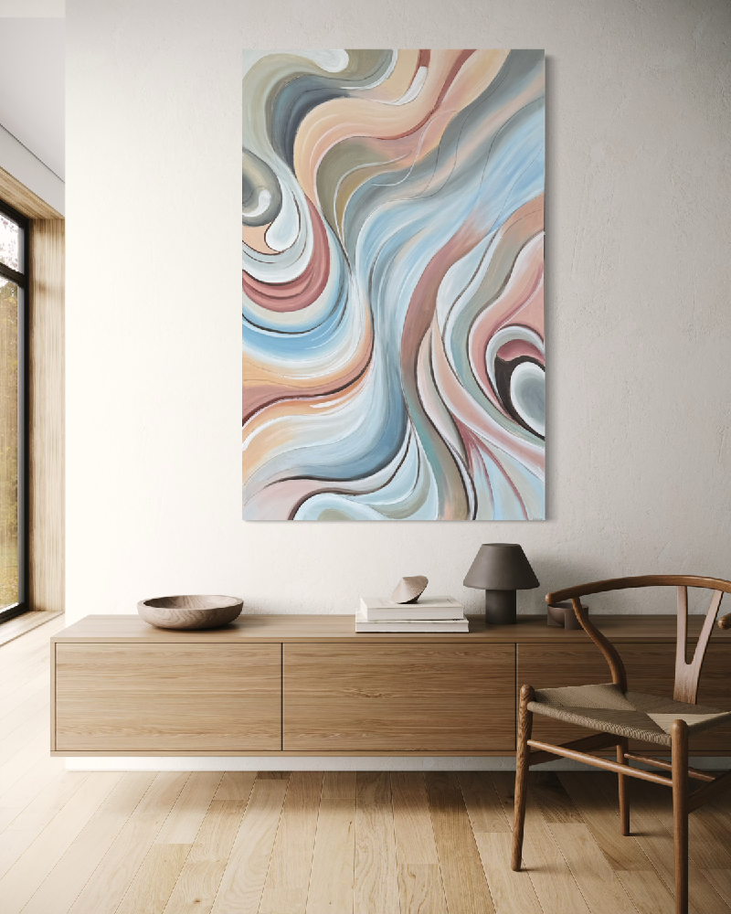 Grenwitch ręcznie malowany obraz abstrakcyjny 90 × 140 cm w odcieniach błękitu, beżu i piasku – nowoczesna sztuka ścienna KLGT.